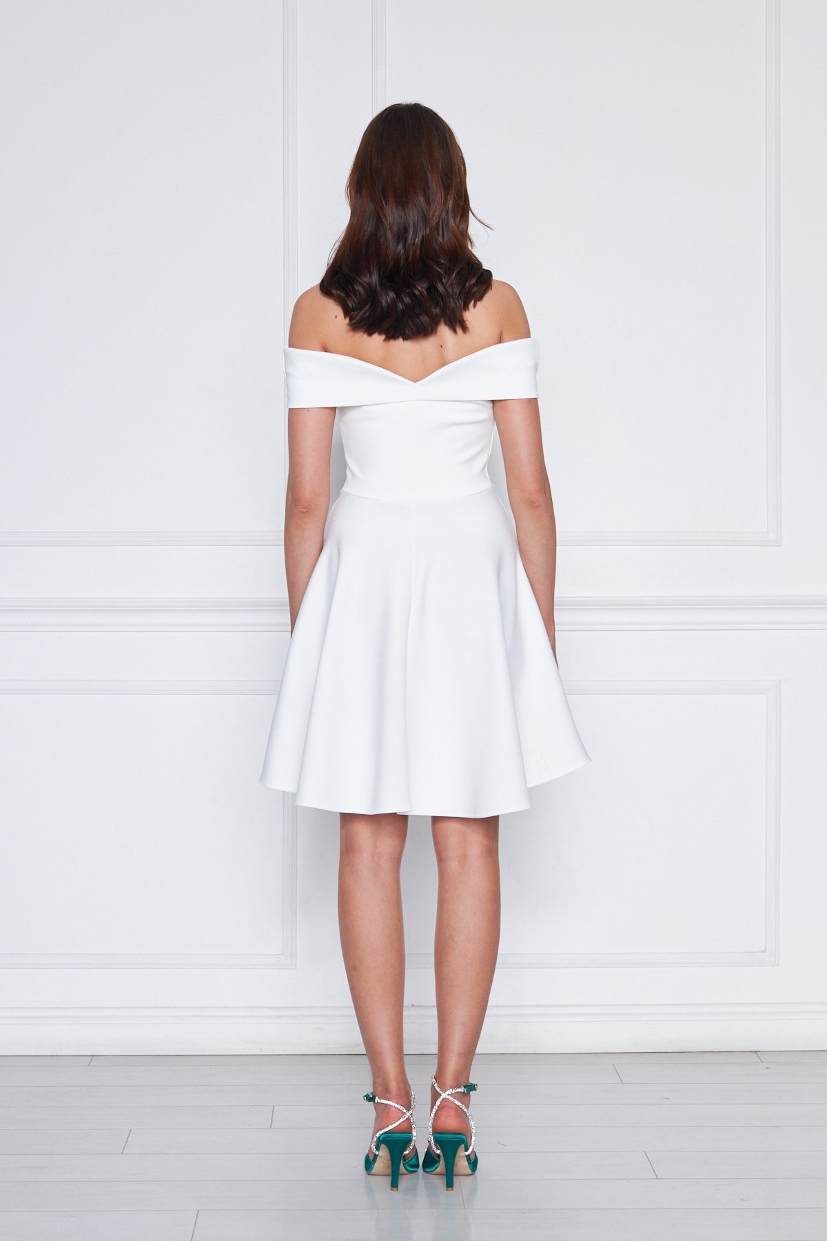 Mini Flared Scuba Sweetheart Neck Off-Shoulder Evening Dress - White - Bidoluelbise