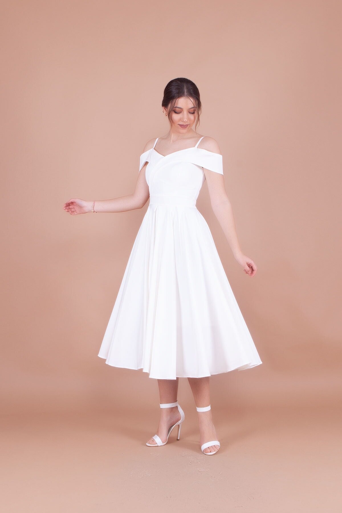 Midi Pleated Strappy Off-the-Shoulder Detail Evening Dress - White - Bidoluelbise