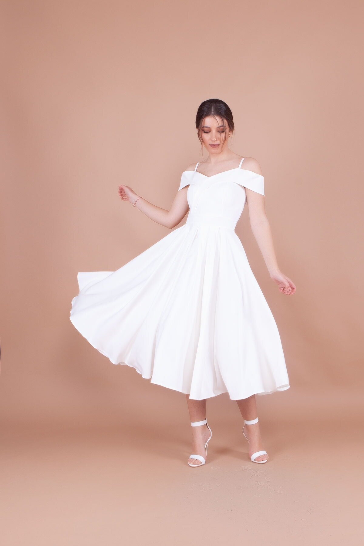 Midi Pleated Strappy Off-the-Shoulder Detail Evening Dress - White - Bidoluelbise