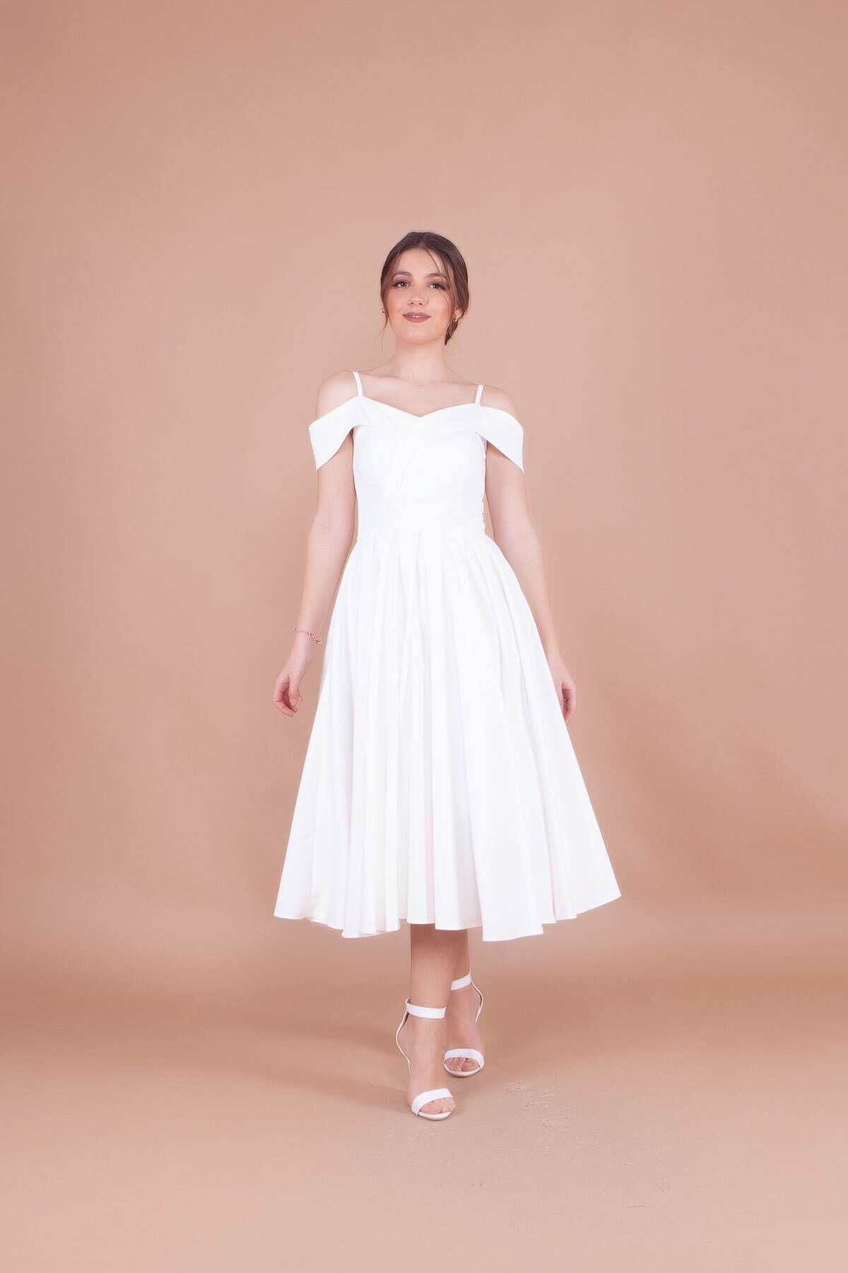 Midi Pleated Strappy Off-the-Shoulder Detail Evening Dress - White - Bidoluelbise
