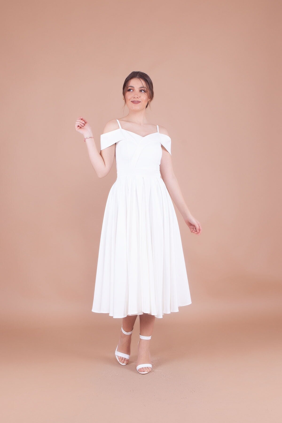 Midi Pleated Strappy Off-the-Shoulder Detail Evening Dress - White - Bidoluelbise