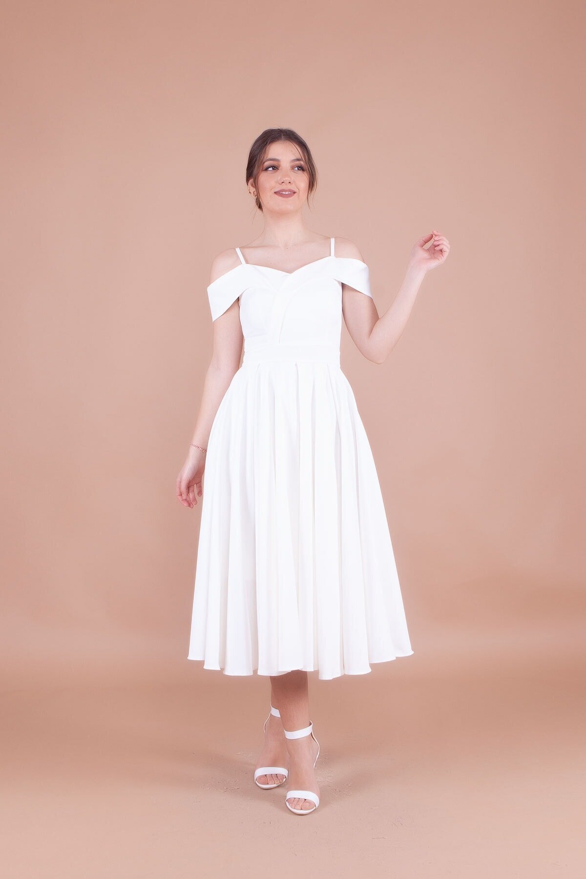 Midi Pleated Strappy Off-the-Shoulder Detail Evening Dress - White - Bidoluelbise