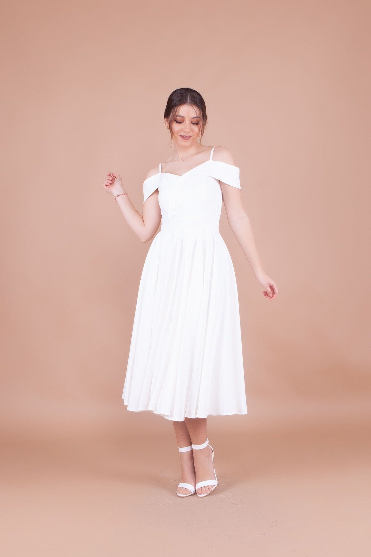 Midi Pleated Strappy Off-the-Shoulder Detail Evening Dress - White - Bidoluelbise