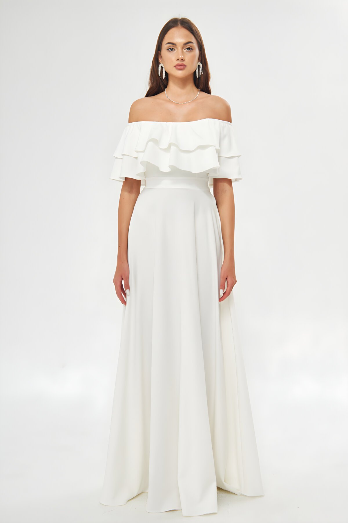 Long Flared Off-Shoulder Double-Layer Ruffle Detail Evening Dress - White - Bidoluelbise