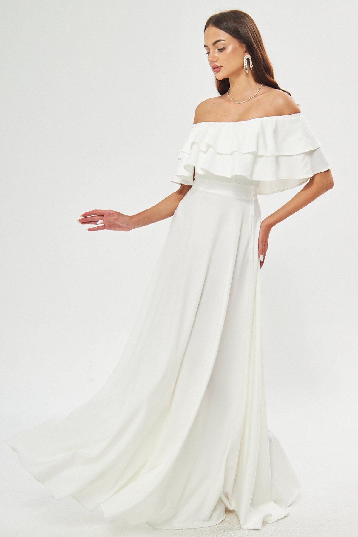 Long Flared Off-Shoulder Double-Layer Ruffle Detail Evening Dress - White - Bidoluelbise
