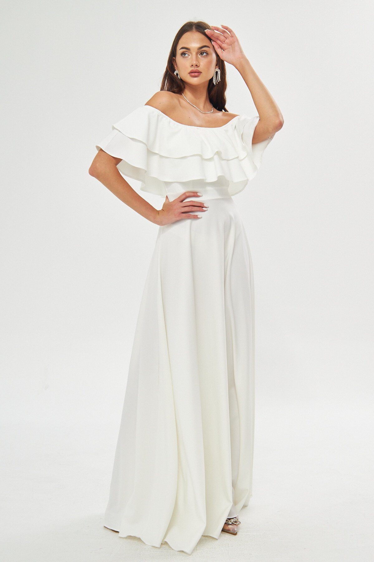 Long Flared Off-Shoulder Double-Layer Ruffle Detail Evening Dress - White - Bidoluelbise