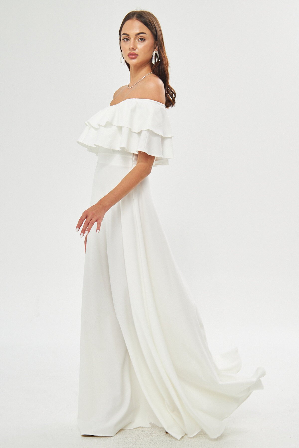 Long Flared Off-Shoulder Double-Layer Ruffle Detail Evening Dress - White - Bidoluelbise