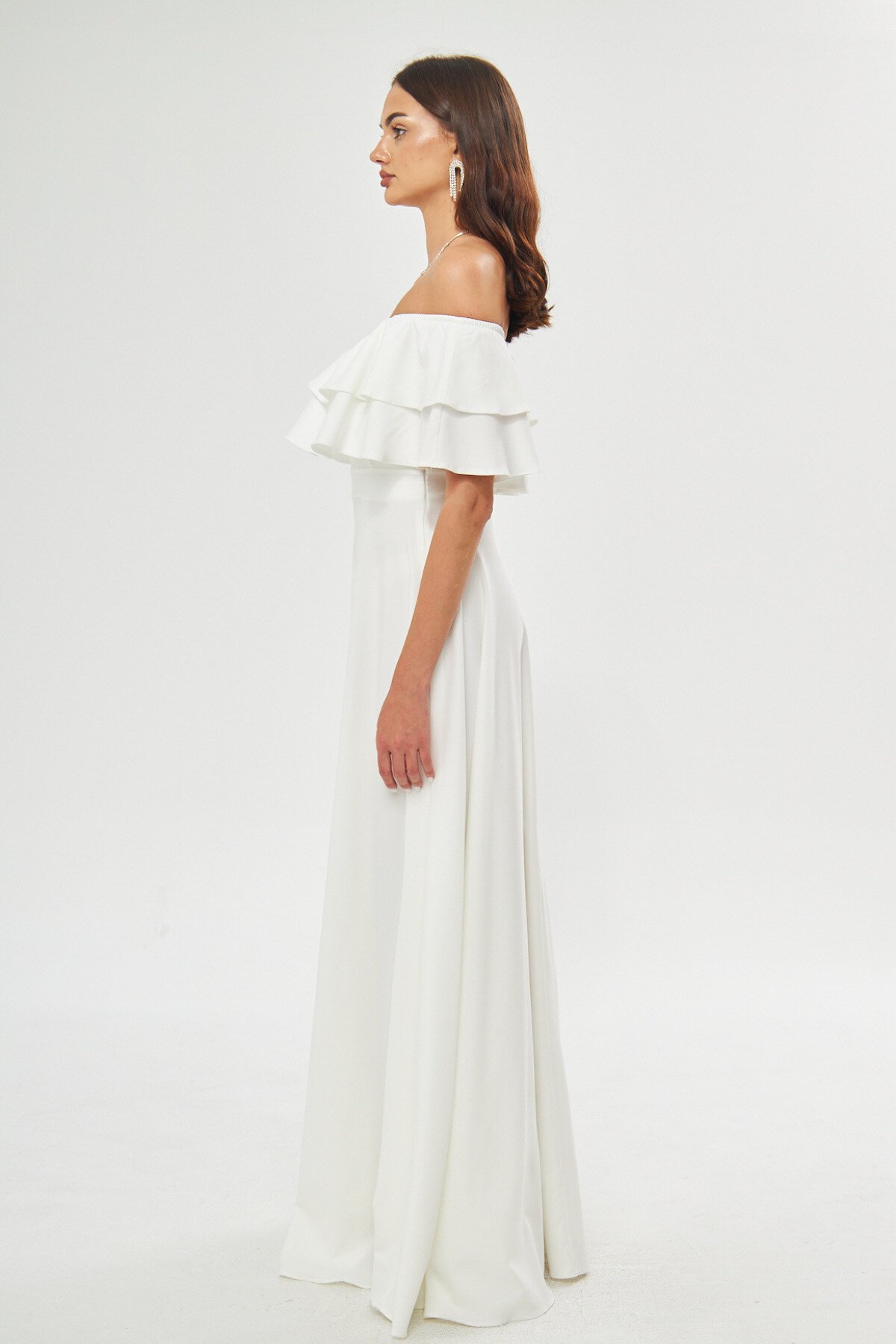 Long Flared Off-Shoulder Double-Layer Ruffle Detail Evening Dress - White - Bidoluelbise