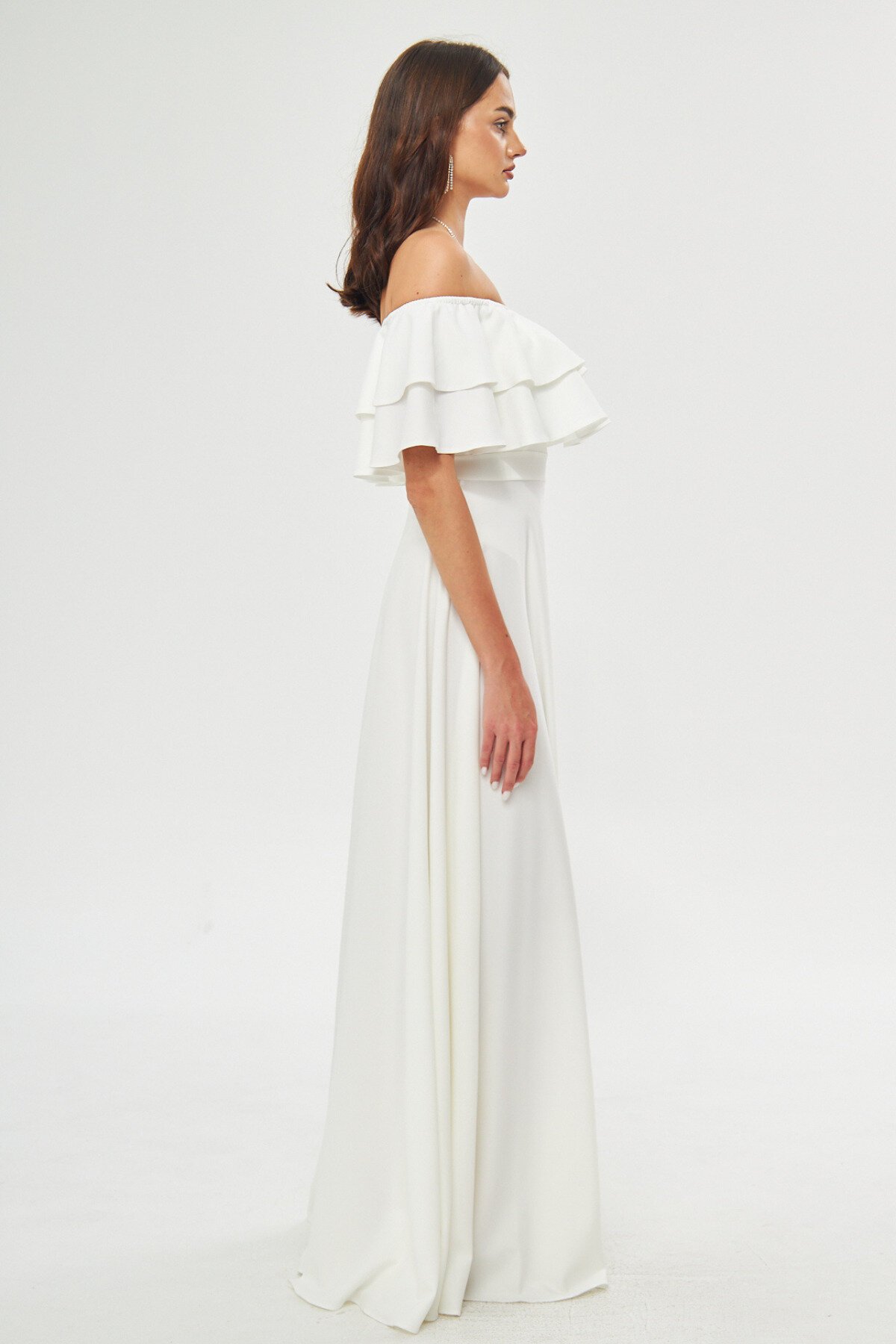 Long Flared Off-Shoulder Double-Layer Ruffle Detail Evening Dress - White - Bidoluelbise