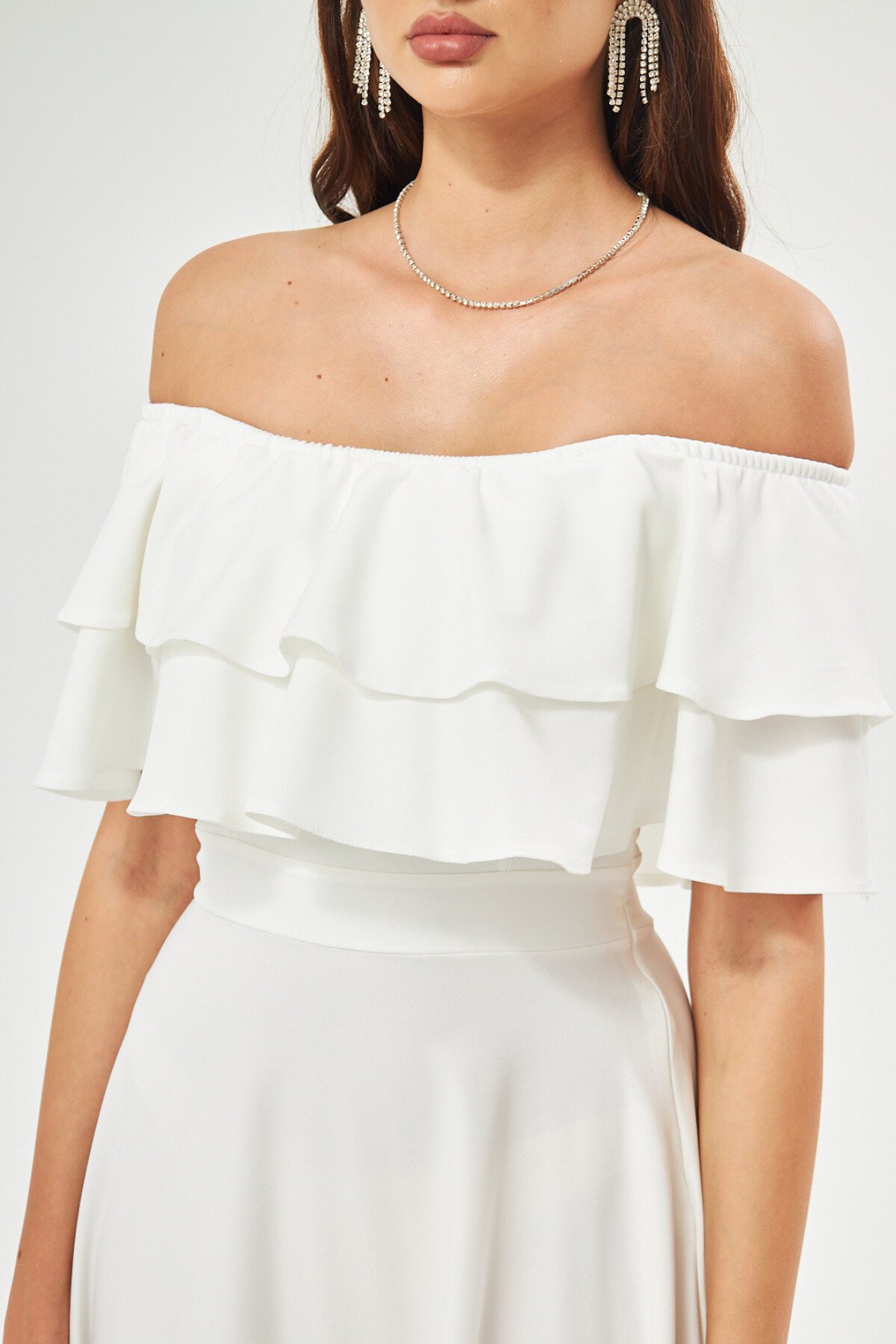 Long Flared Off-Shoulder Double-Layer Ruffle Detail Evening Dress - White - Bidoluelbise