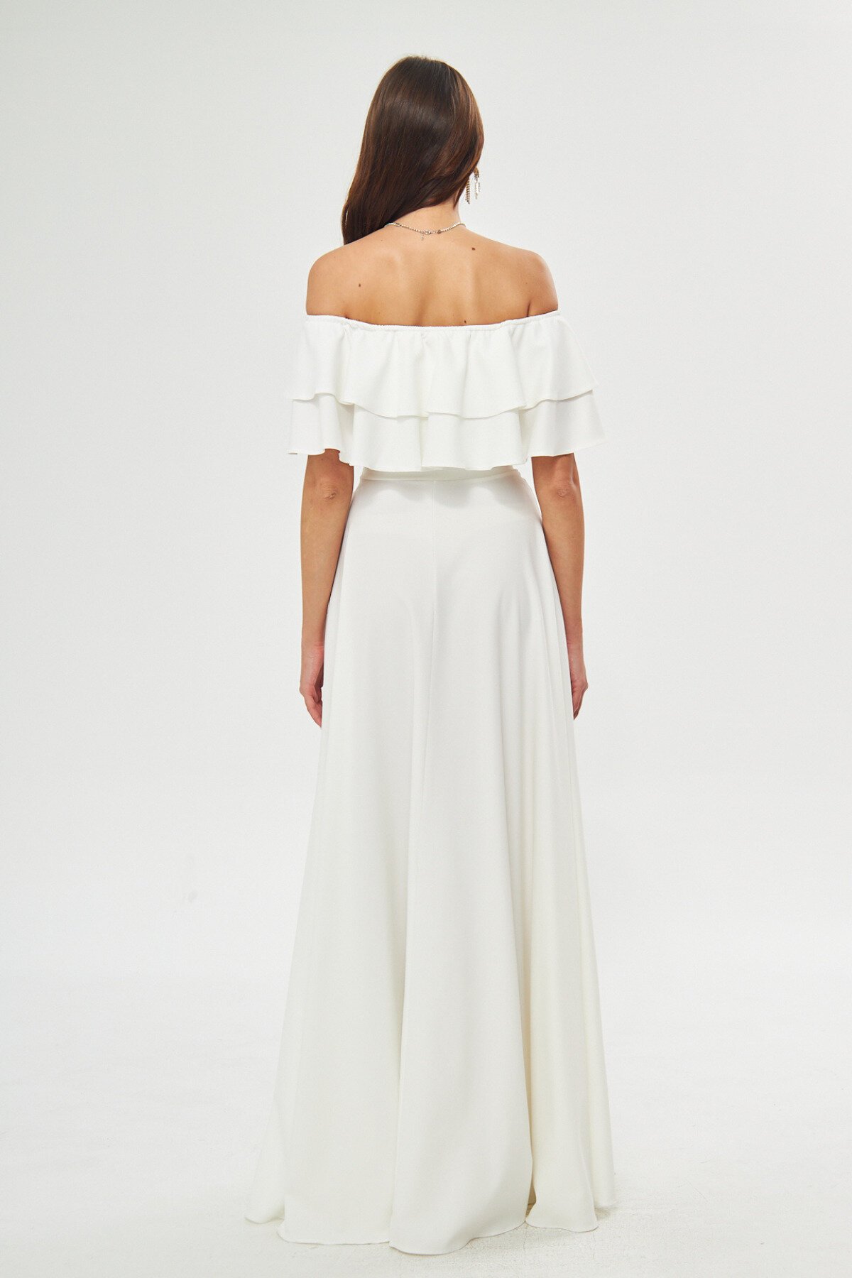 Long Flared Off-Shoulder Double-Layer Ruffle Detail Evening Dress - White - Bidoluelbise