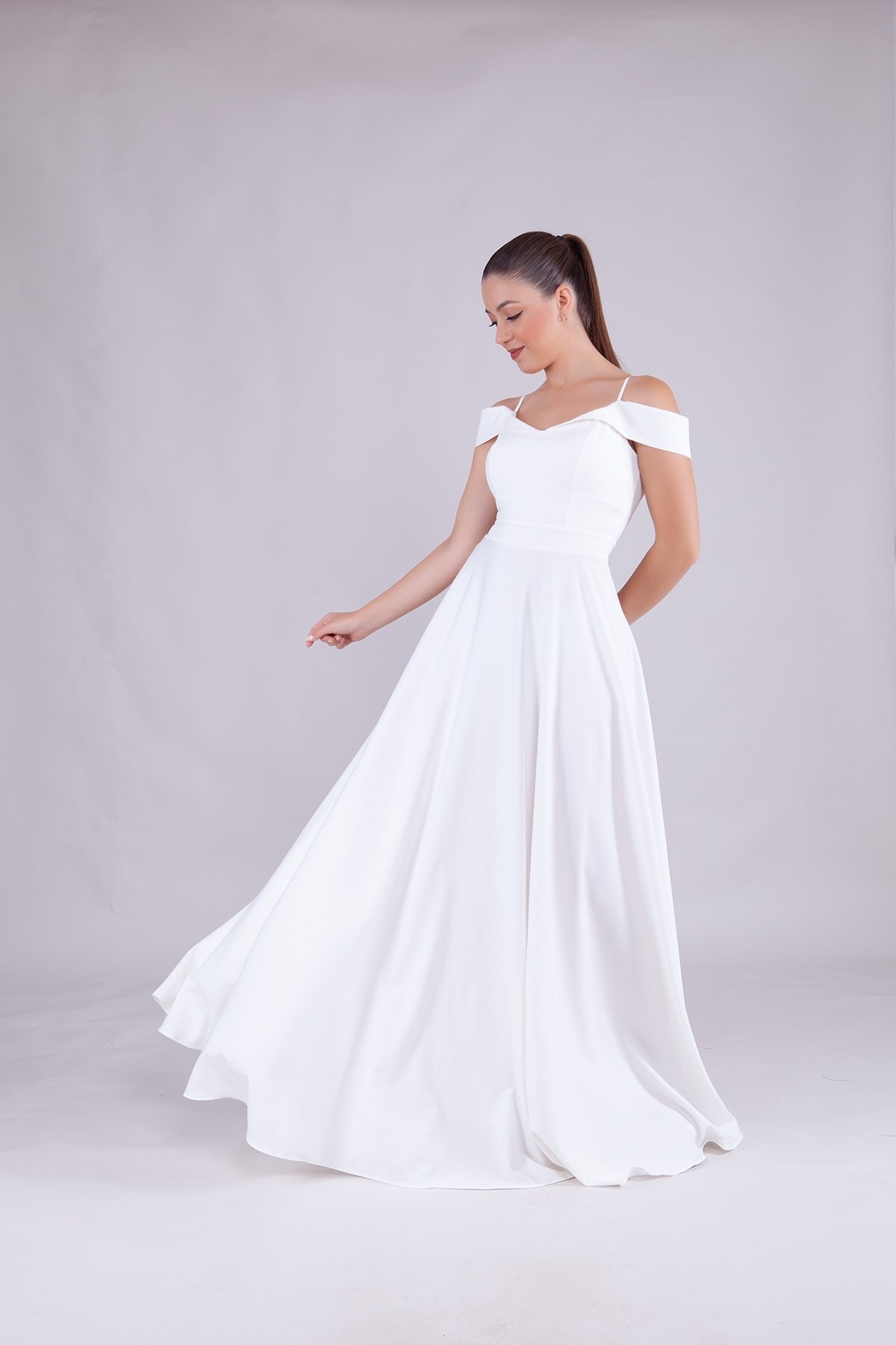 Long Strapless Strappy Shoulder Detail Evening Dress - White - Bidoluelbise