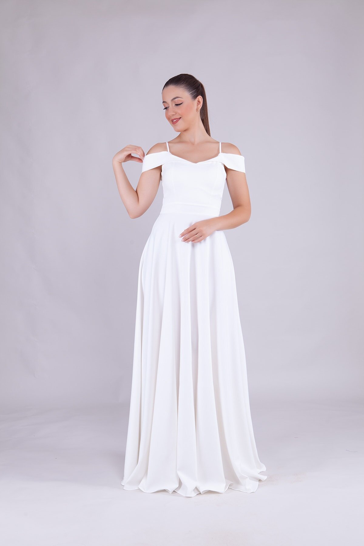 Long Strapless Strappy Shoulder Detail Evening Dress - White - Bidoluelbise