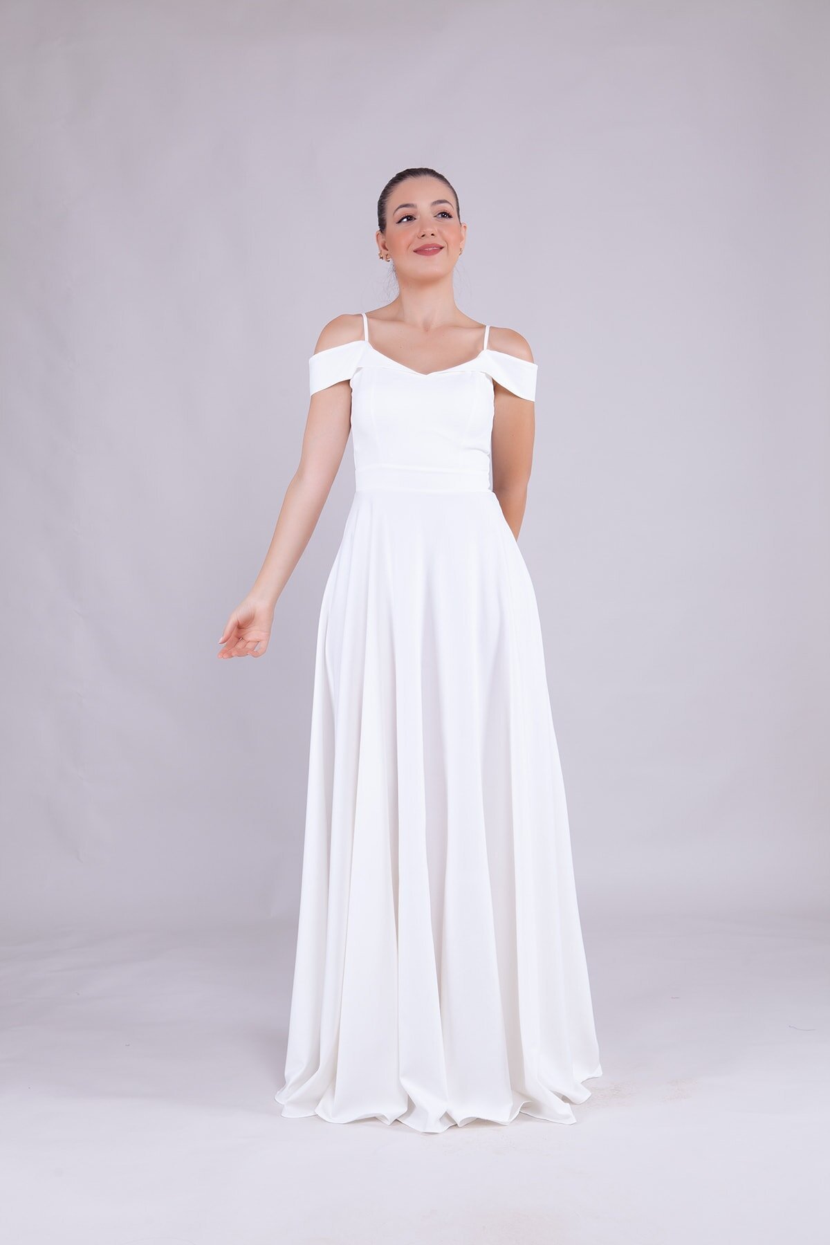 Long Strapless Strappy Shoulder Detail Evening Dress - White - Bidoluelbise