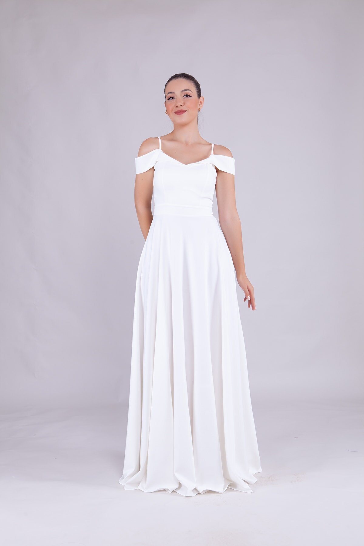 Long Strapless Strappy Shoulder Detail Evening Dress - White - Bidoluelbise