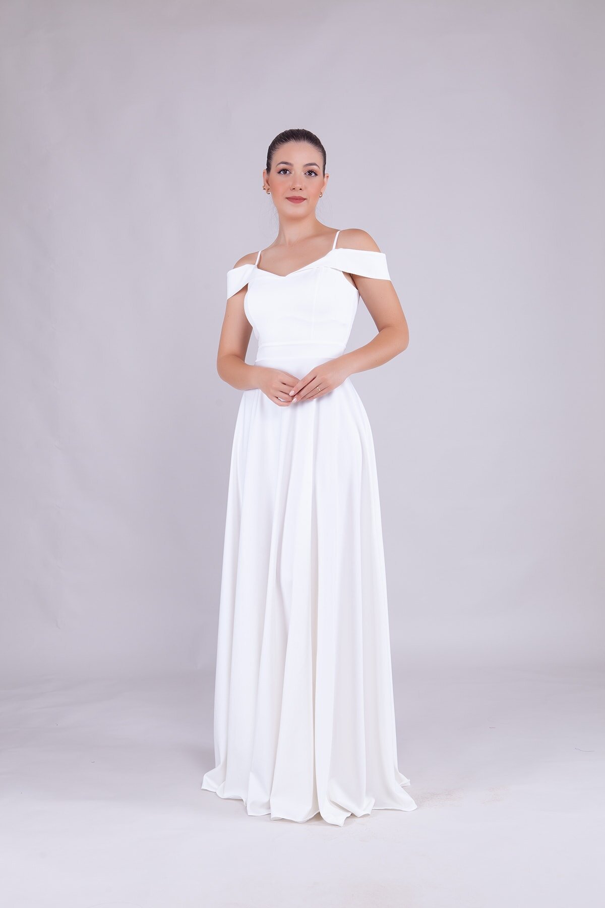 Long Strapless Strappy Shoulder Detail Evening Dress - White - Bidoluelbise