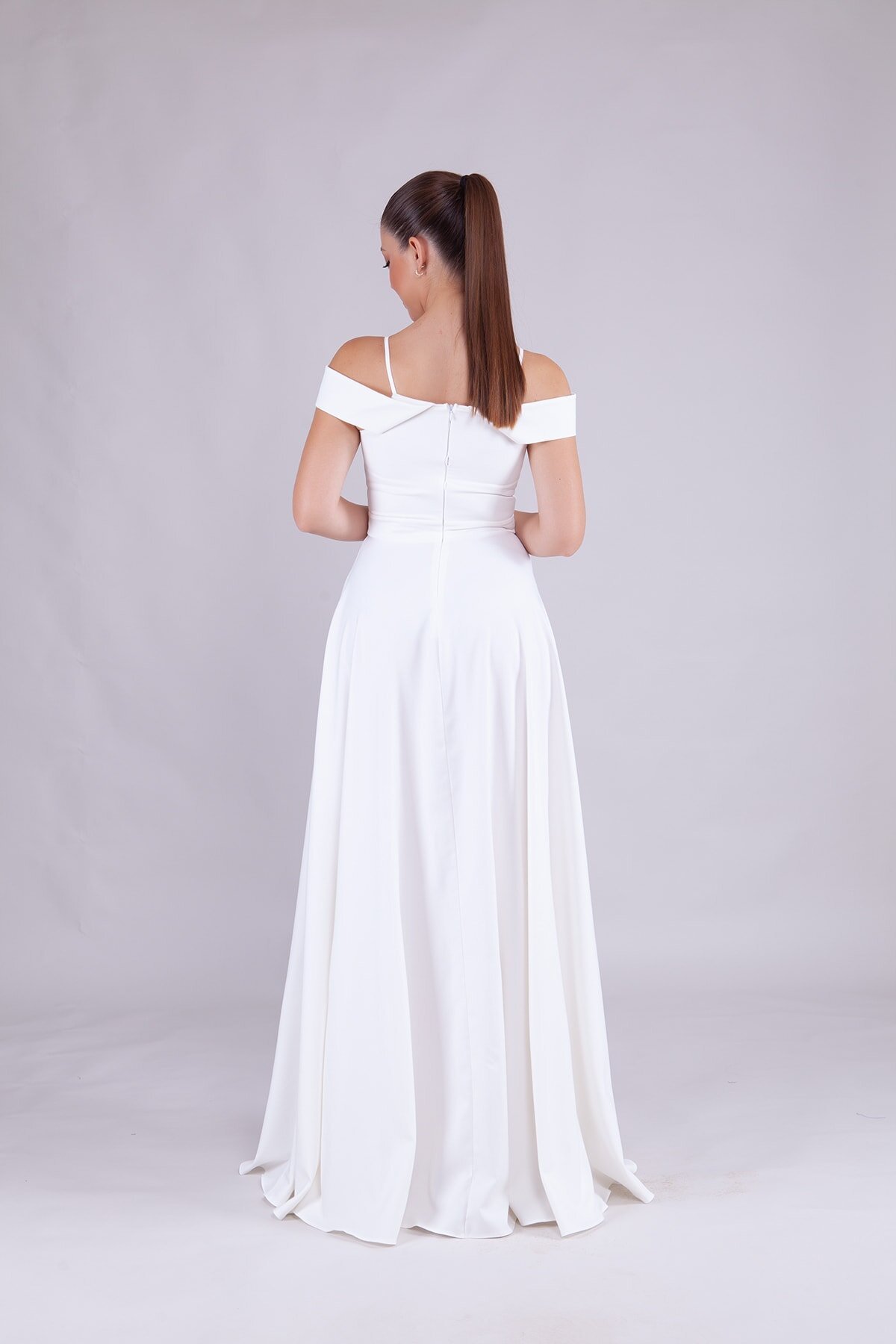 Long Strapless Strappy Shoulder Detail Evening Dress - White - Bidoluelbise