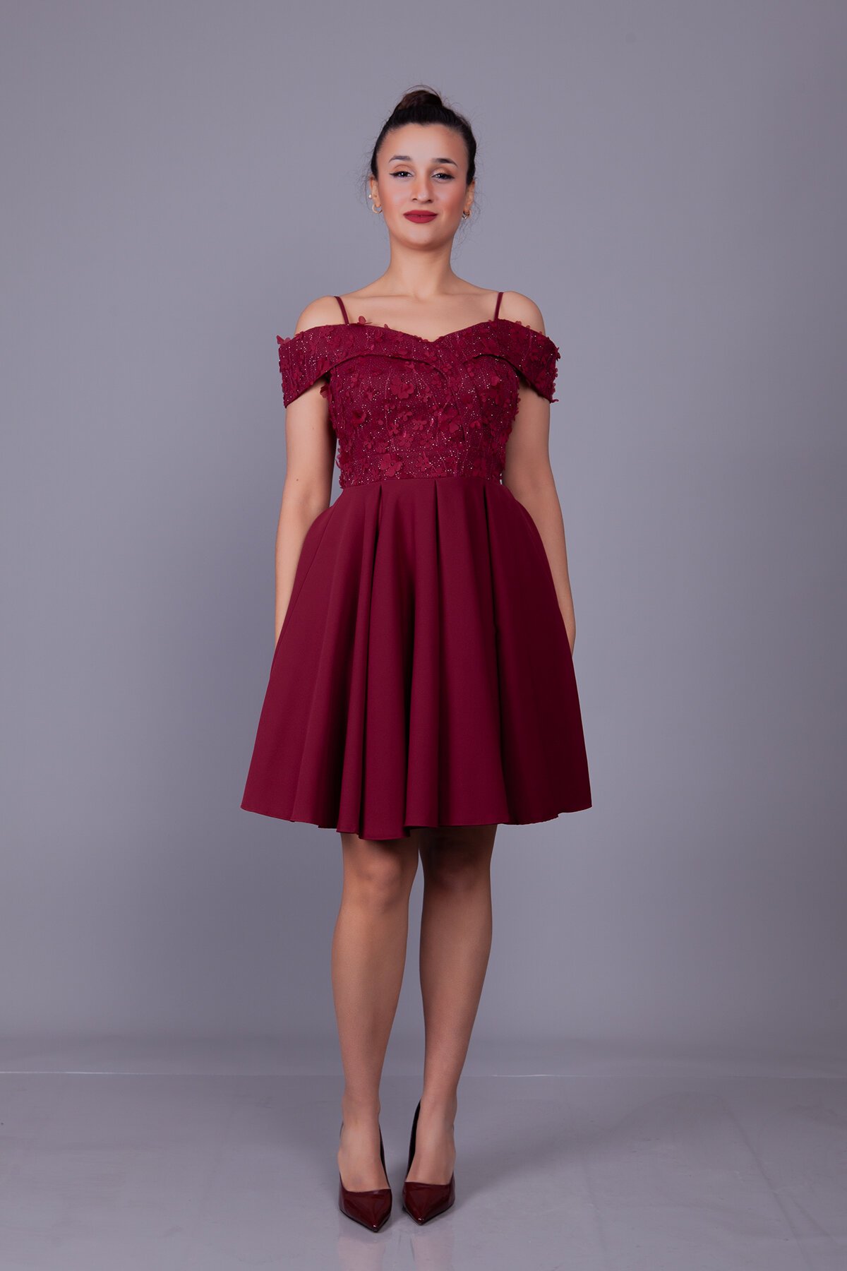 Mini Flared Floral Off-Shoulder Tulle-Detail Evening Dress - Burgundy - Bidoluelbise