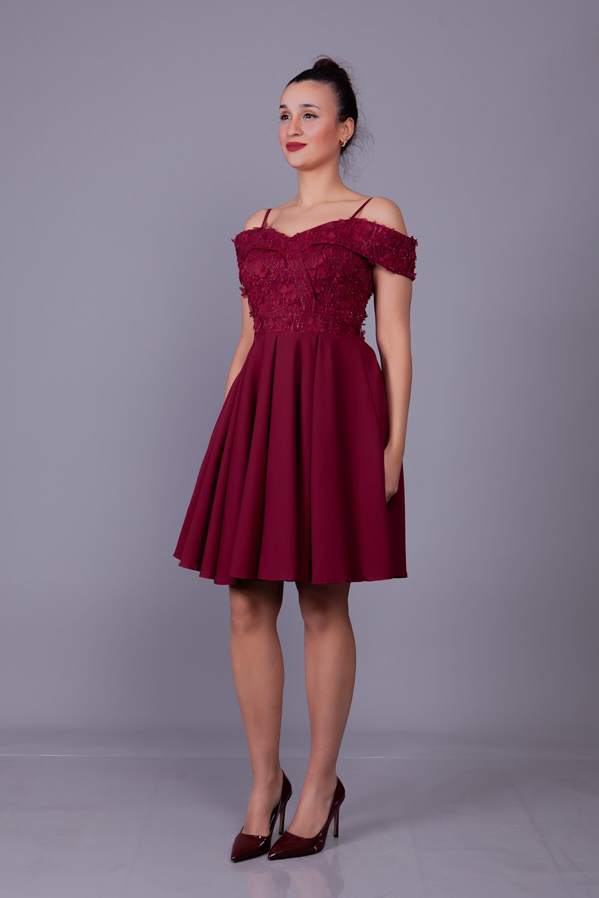 Mini Flared Floral Off-Shoulder Tulle-Detail Evening Dress - Burgundy - Bidoluelbise