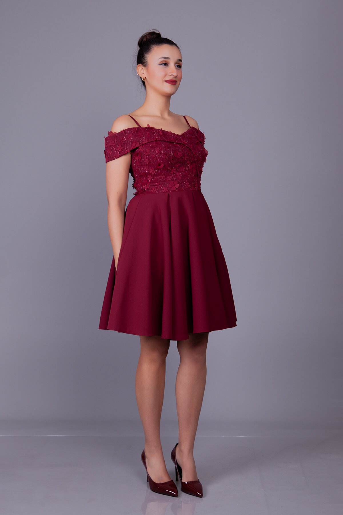 Mini Flared Floral Off-Shoulder Tulle-Detail Evening Dress - Burgundy - Bidoluelbise