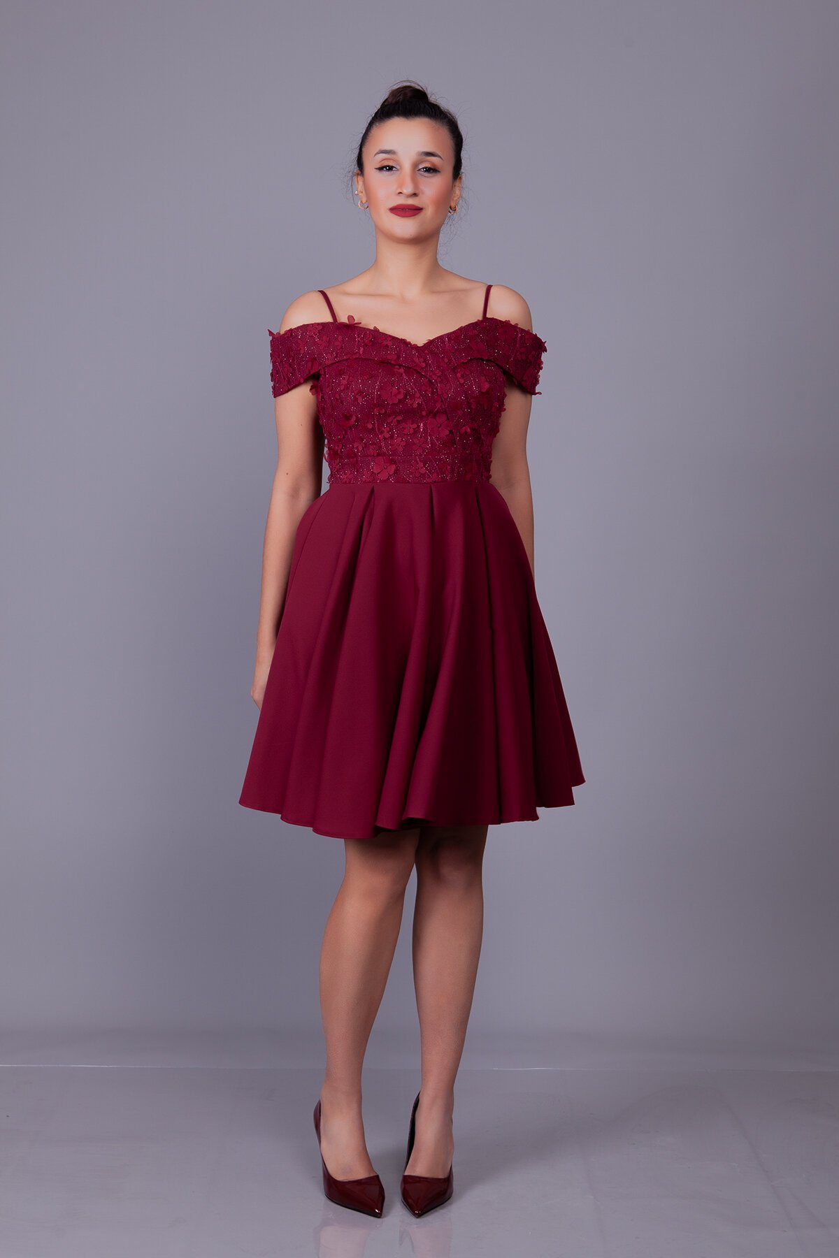 Mini Flared Floral Off-Shoulder Tulle-Detail Evening Dress - Burgundy - Bidoluelbise