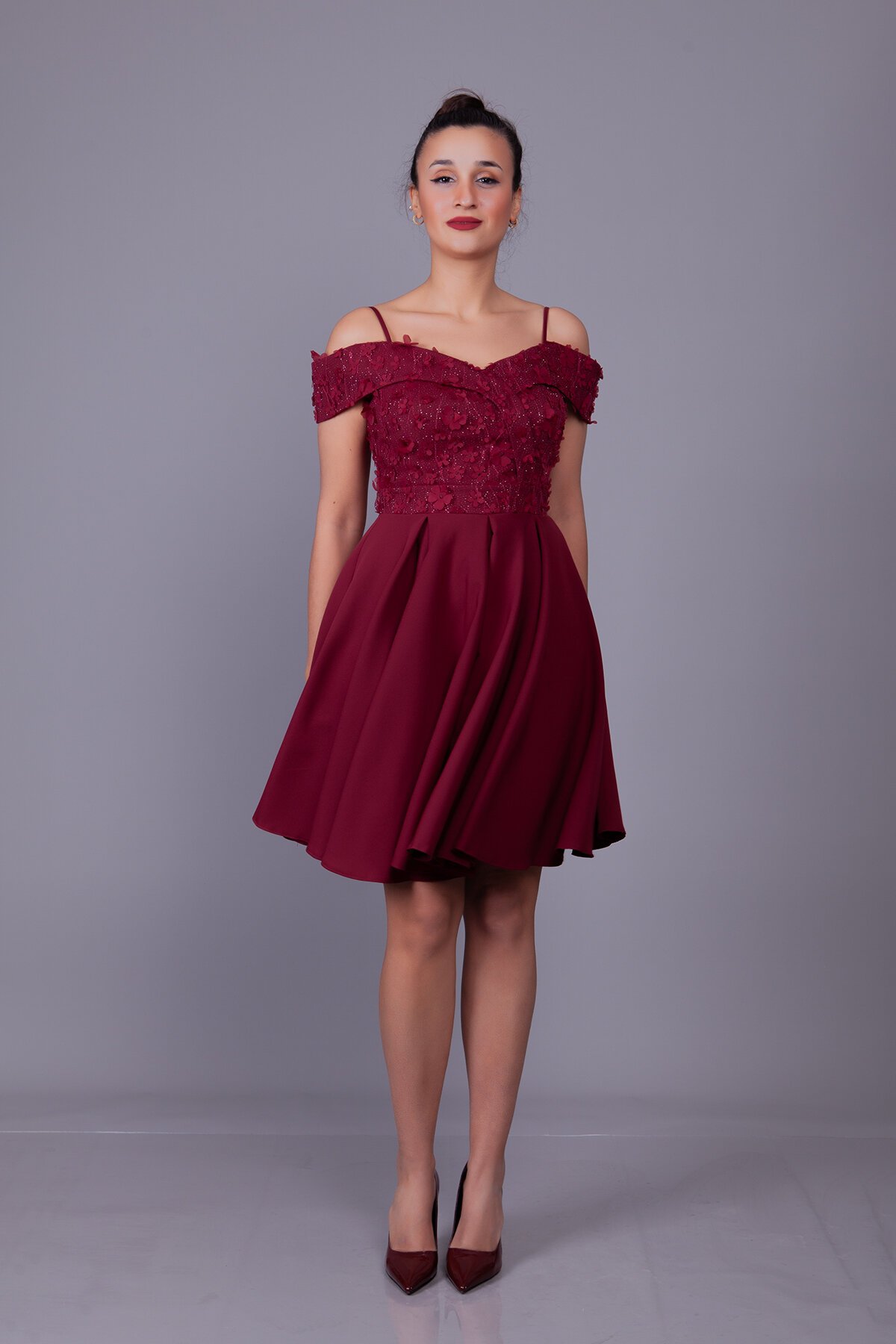 Mini Flared Floral Off-Shoulder Tulle-Detail Evening Dress - Burgundy - Bidoluelbise