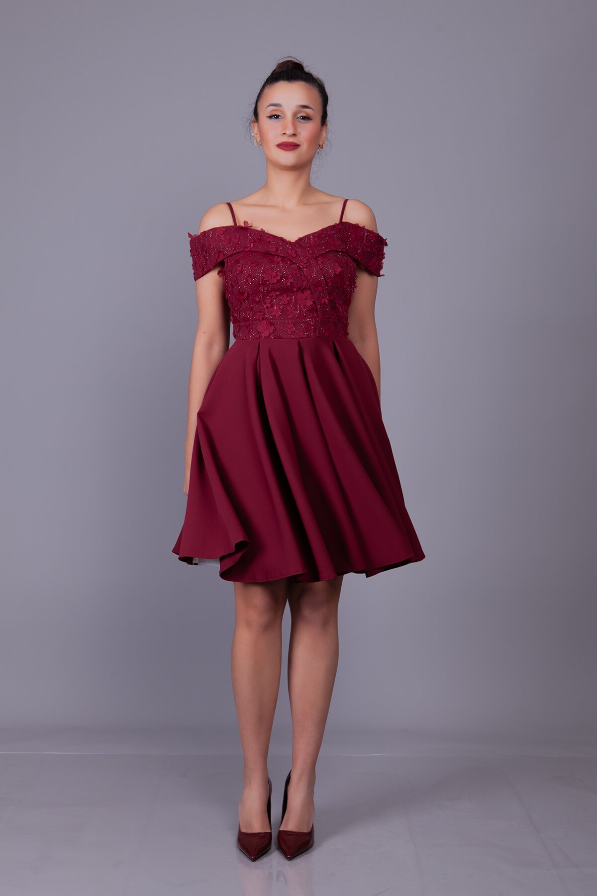 Mini Flared Floral Off-Shoulder Tulle-Detail Evening Dress - Burgundy - Bidoluelbise