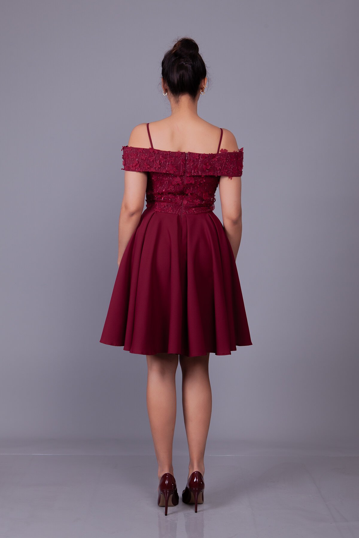 Mini Flared Floral Off-Shoulder Tulle-Detail Evening Dress - Burgundy - Bidoluelbise