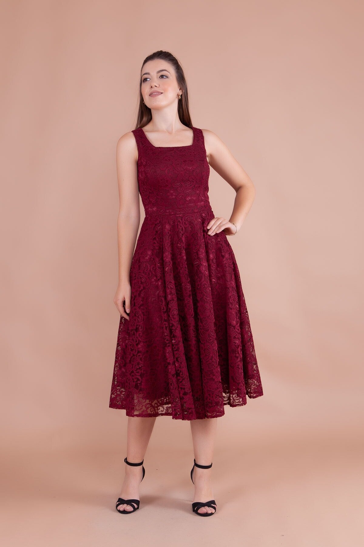 Midi French Lace Square-Neck Thick-Strapped Evening Dress - Burgundy - Bidoluelbise
