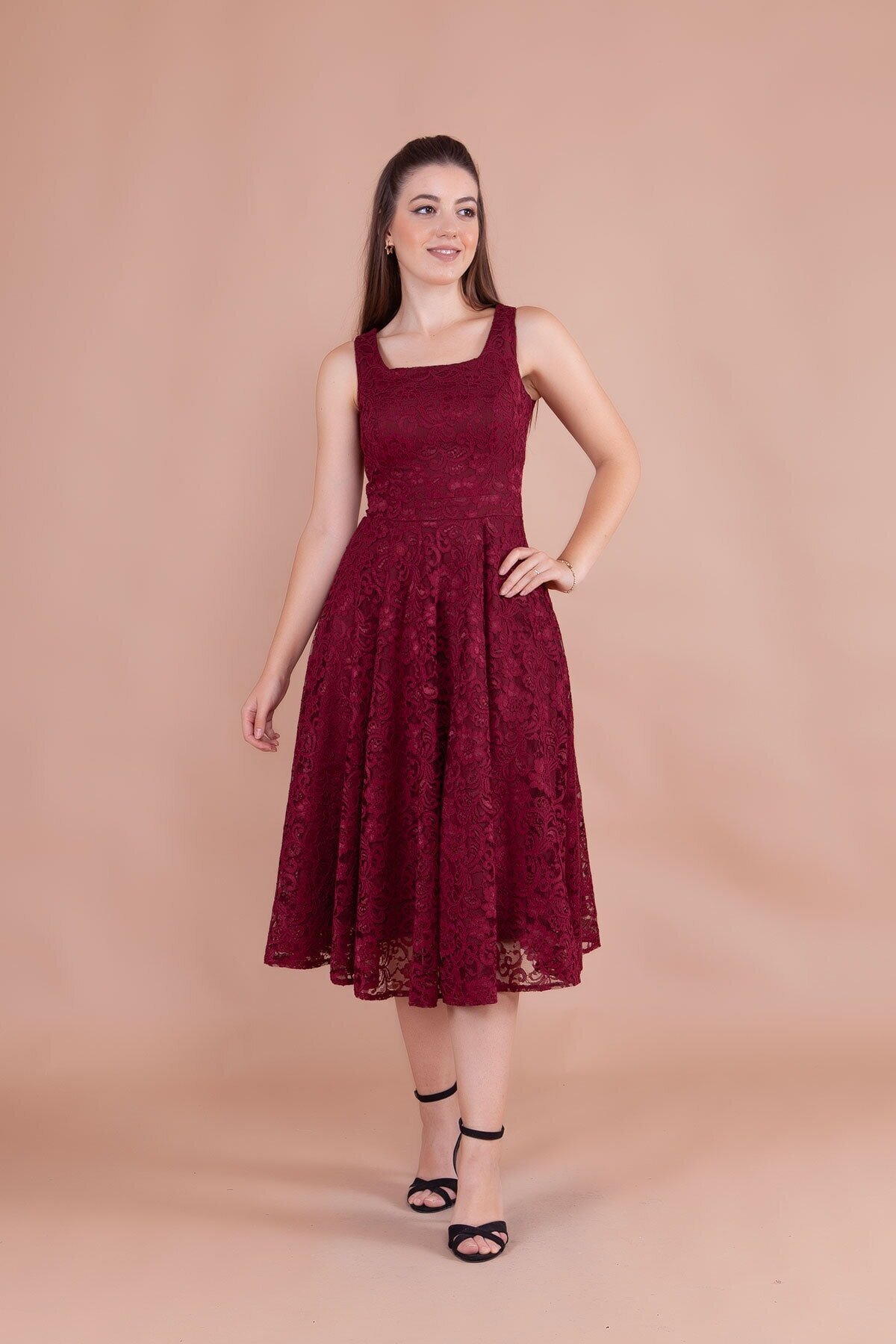 Midi French Lace Square-Neck Thick-Strapped Evening Dress - Burgundy - Bidoluelbise