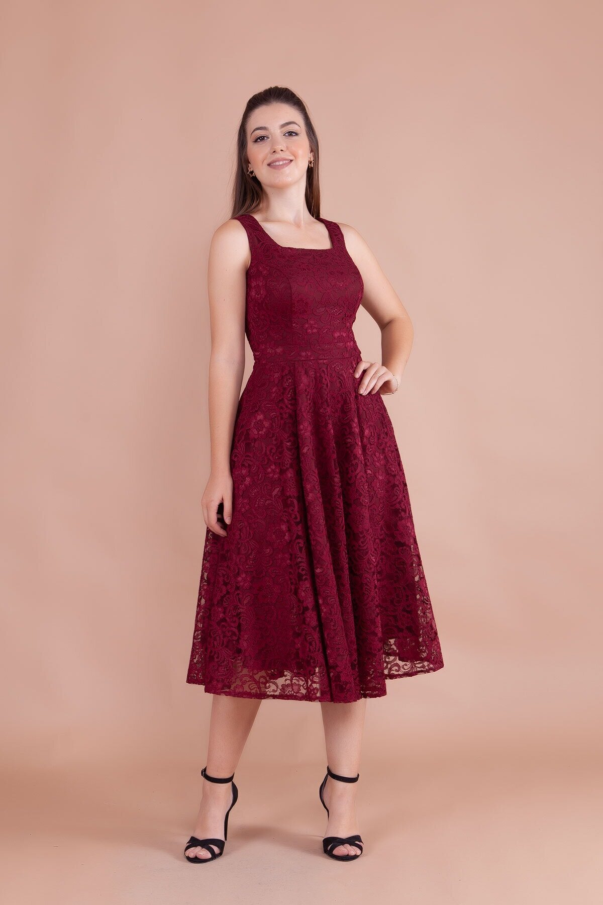 Midi French Lace Square-Neck Thick-Strapped Evening Dress - Burgundy - Bidoluelbise