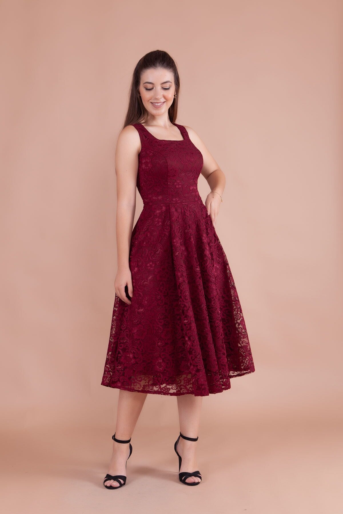 Midi French Lace Square-Neck Thick-Strapped Evening Dress - Burgundy - Bidoluelbise