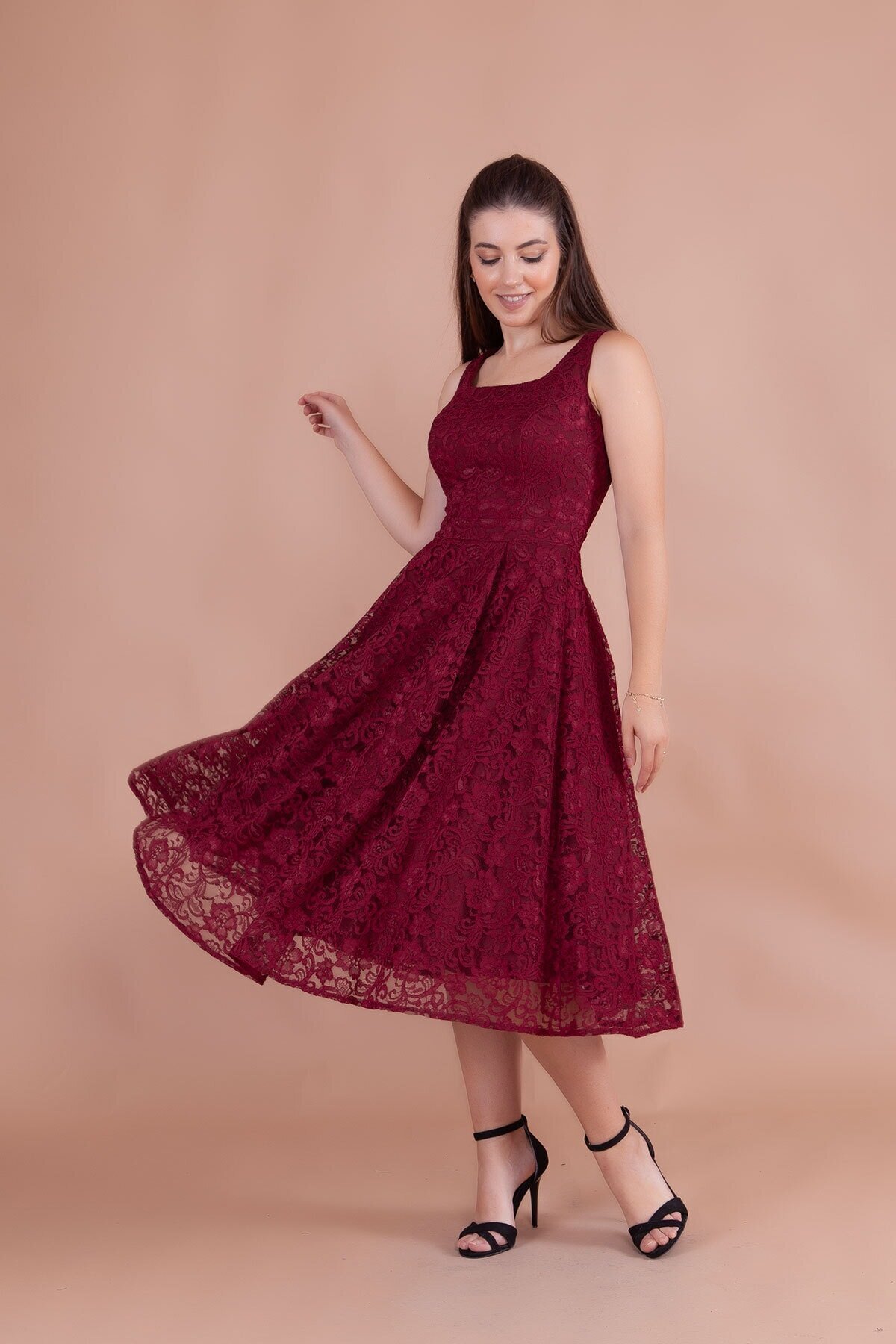 Midi French Lace Square-Neck Thick-Strapped Evening Dress - Burgundy - Bidoluelbise