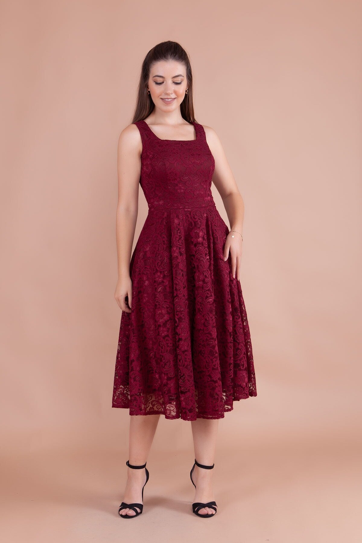 Midi French Lace Square-Neck Thick-Strapped Evening Dress - Burgundy - Bidoluelbise