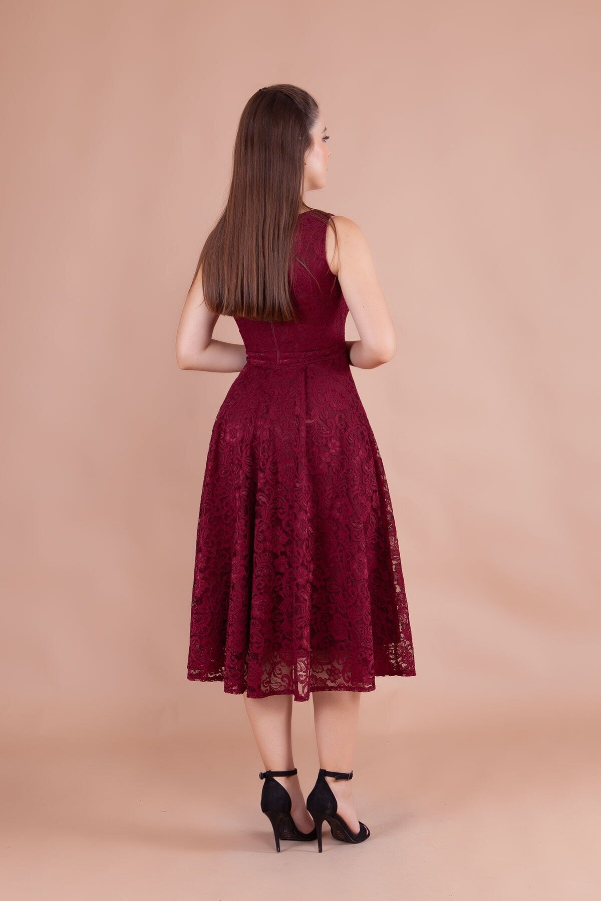 Midi French Lace Square-Neck Thick-Strapped Evening Dress - Burgundy - Bidoluelbise