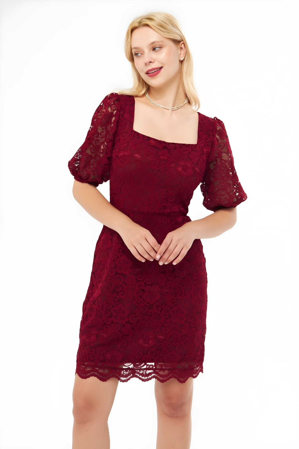 Mini French Lace Balloon Sleeve Square Neck Evening Dress - Maroon - Bidoluelbise