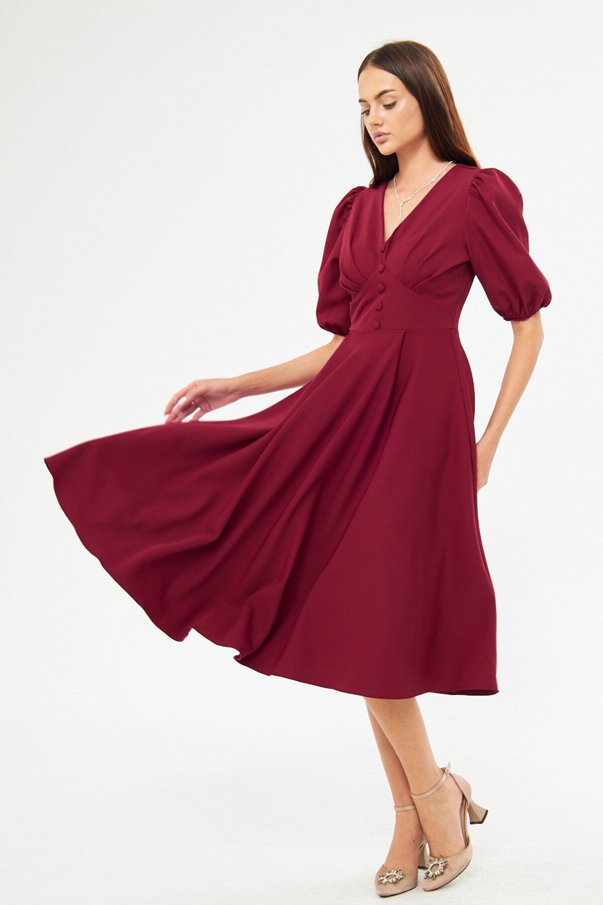 Midi Balloon Sleeve V-Neck Corset Detail Dress - Burgundy - Bidoluelbise