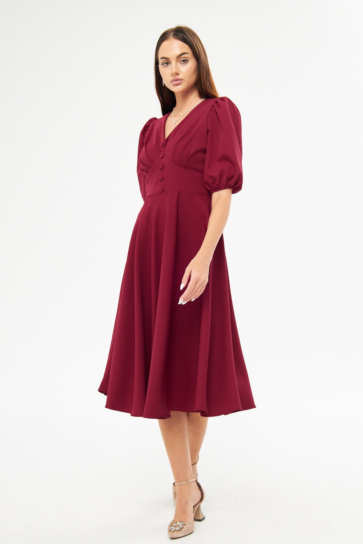 Midi Balloon Sleeve V-Neck Corset Detail Dress - Burgundy - Bidoluelbise