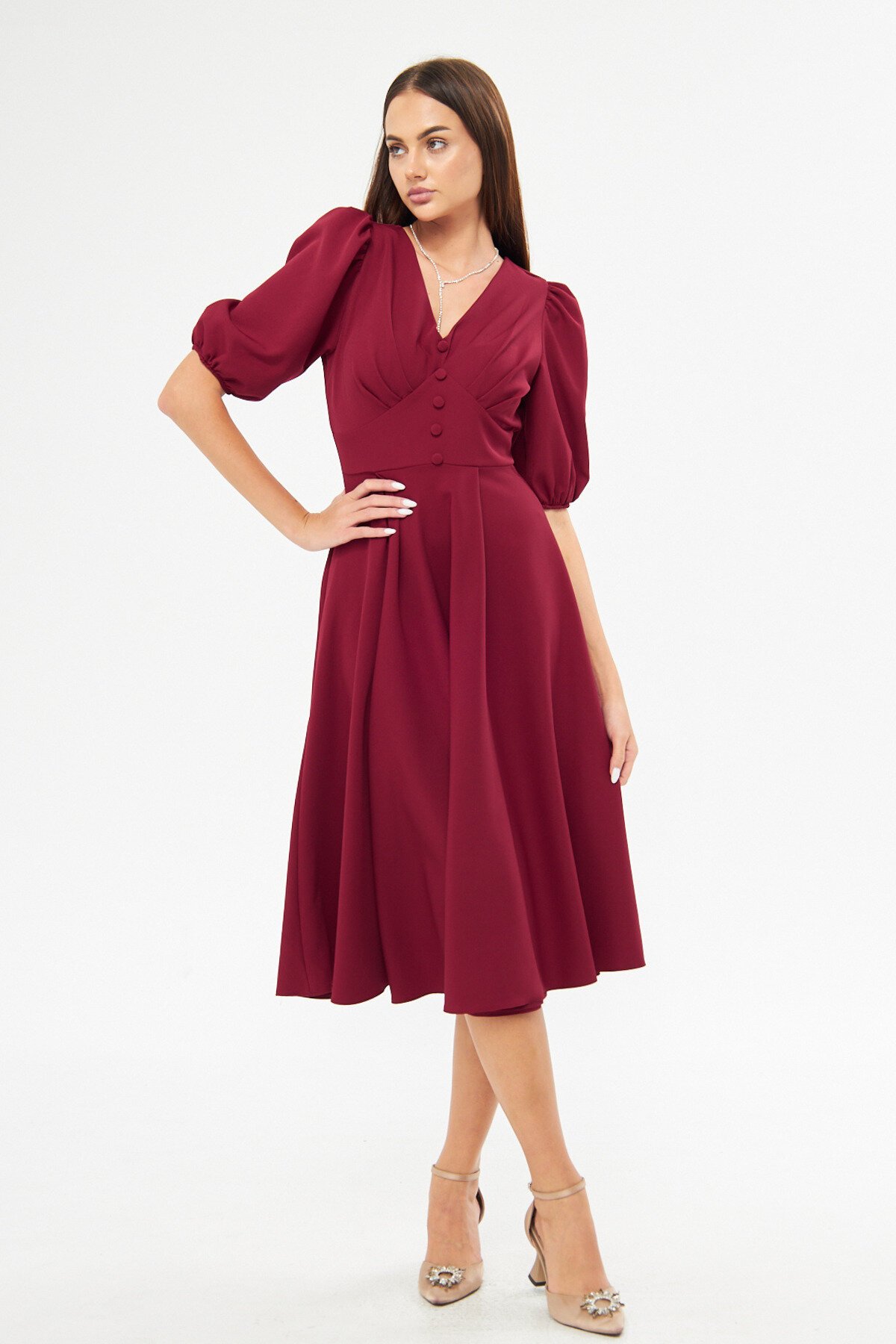 Midi Balloon Sleeve V-Neck Corset Detail Dress - Burgundy - Bidoluelbise