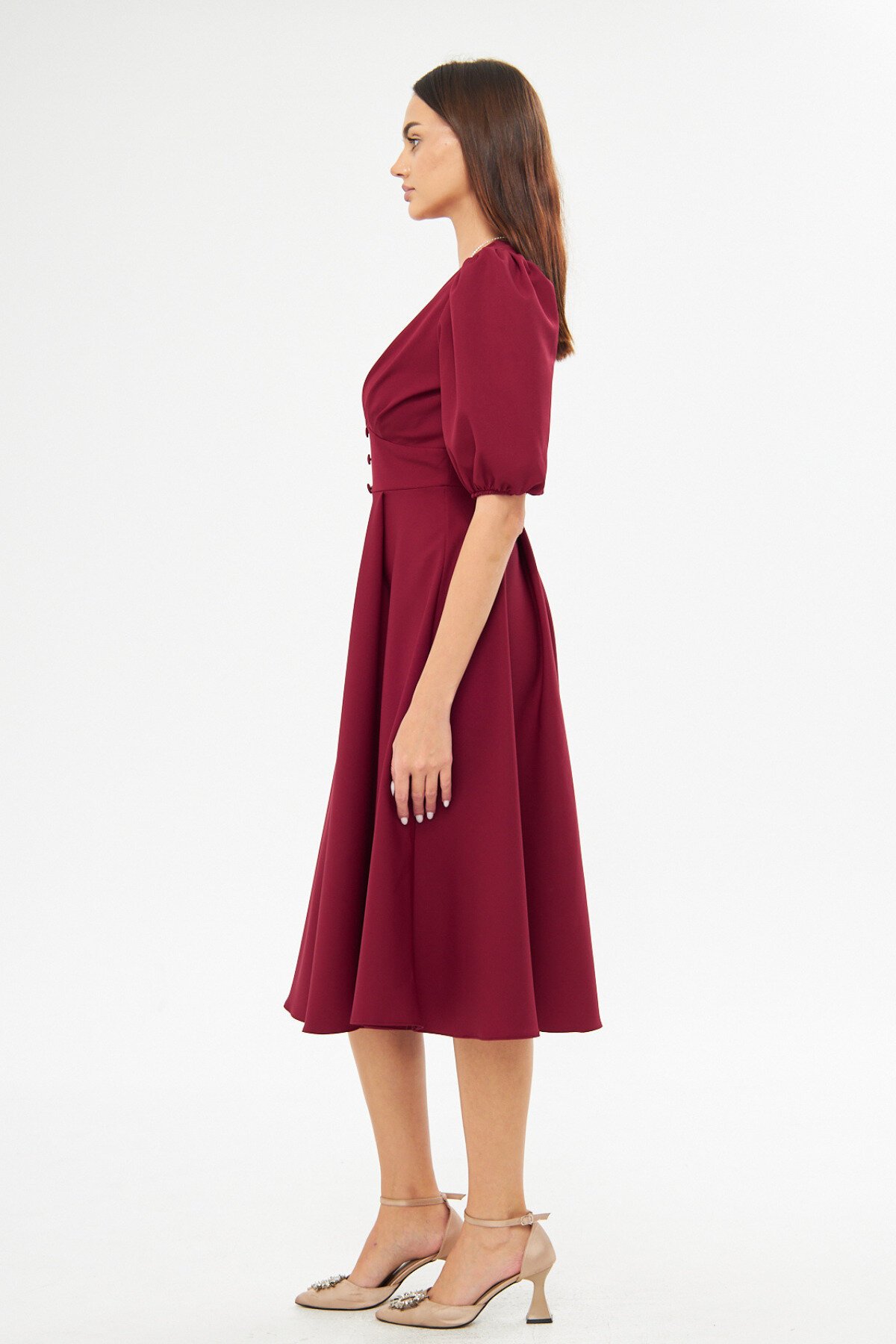 Midi Balloon Sleeve V-Neck Corset Detail Dress - Burgundy - Bidoluelbise