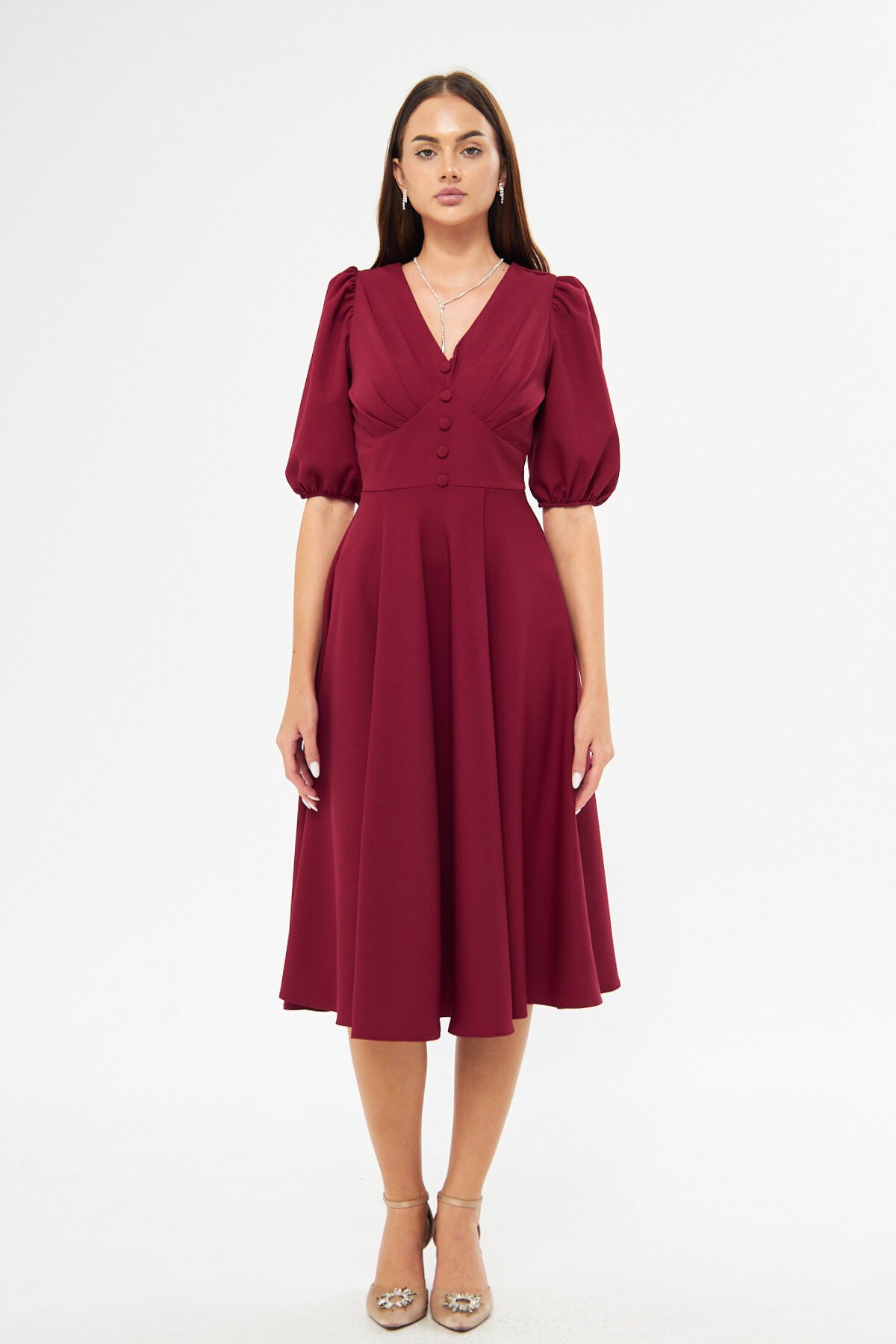 Midi Balloon Sleeve V-Neck Corset Detail Dress - Burgundy - Bidoluelbise