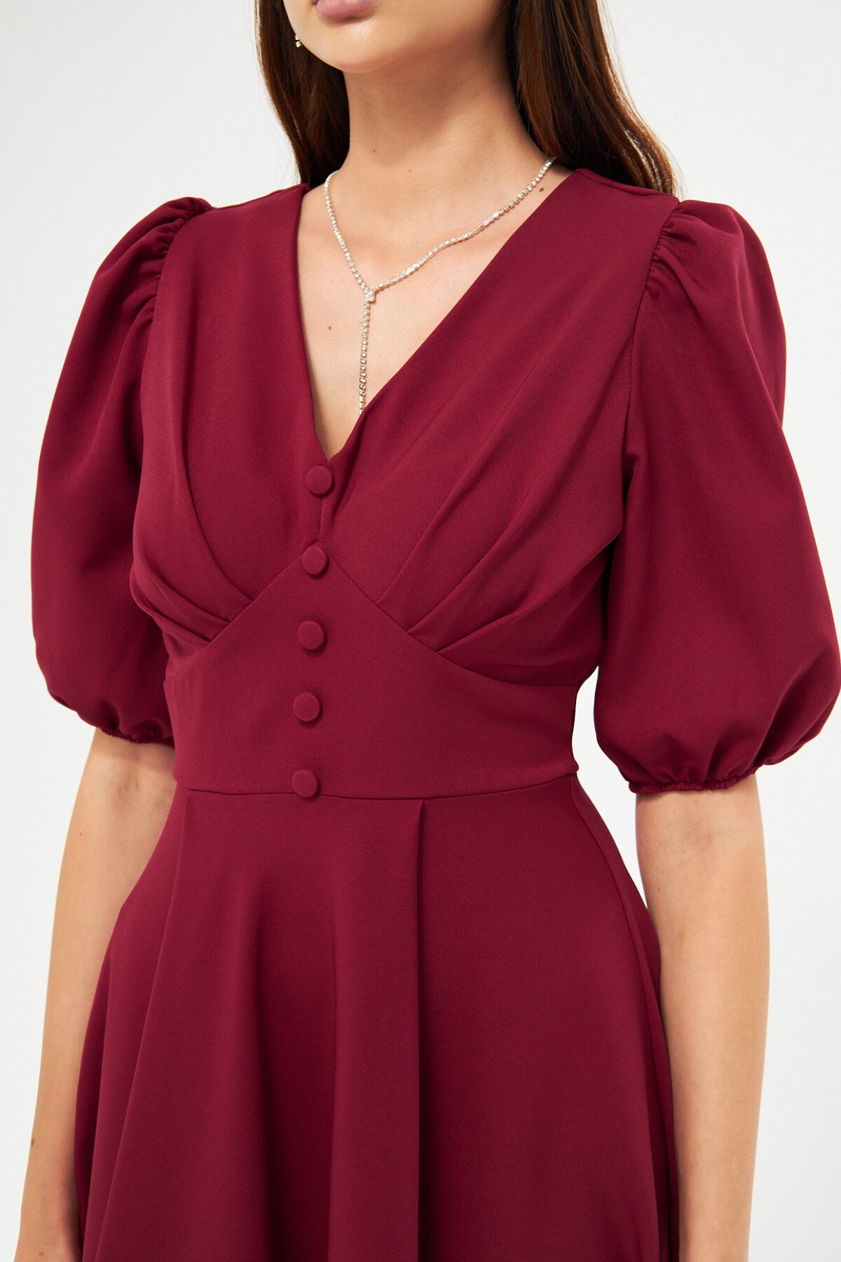 Midi Balloon Sleeve V-Neck Corset Detail Dress - Burgundy - Bidoluelbise