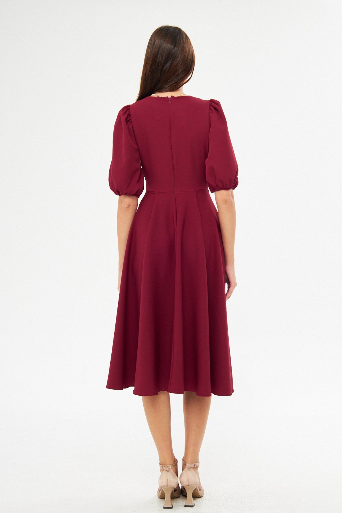 Midi Balloon Sleeve V-Neck Corset Detail Dress - Burgundy - Bidoluelbise