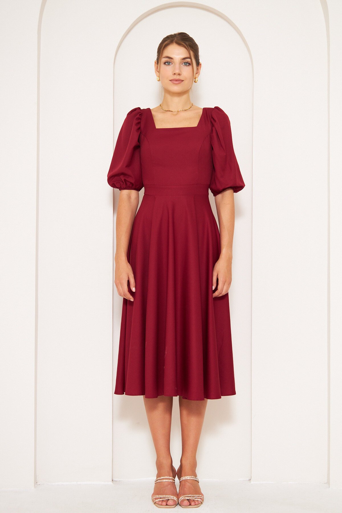 Midi Short Balloon Sleeve Square Neck Dress - Burgundy - Bidoluelbise
