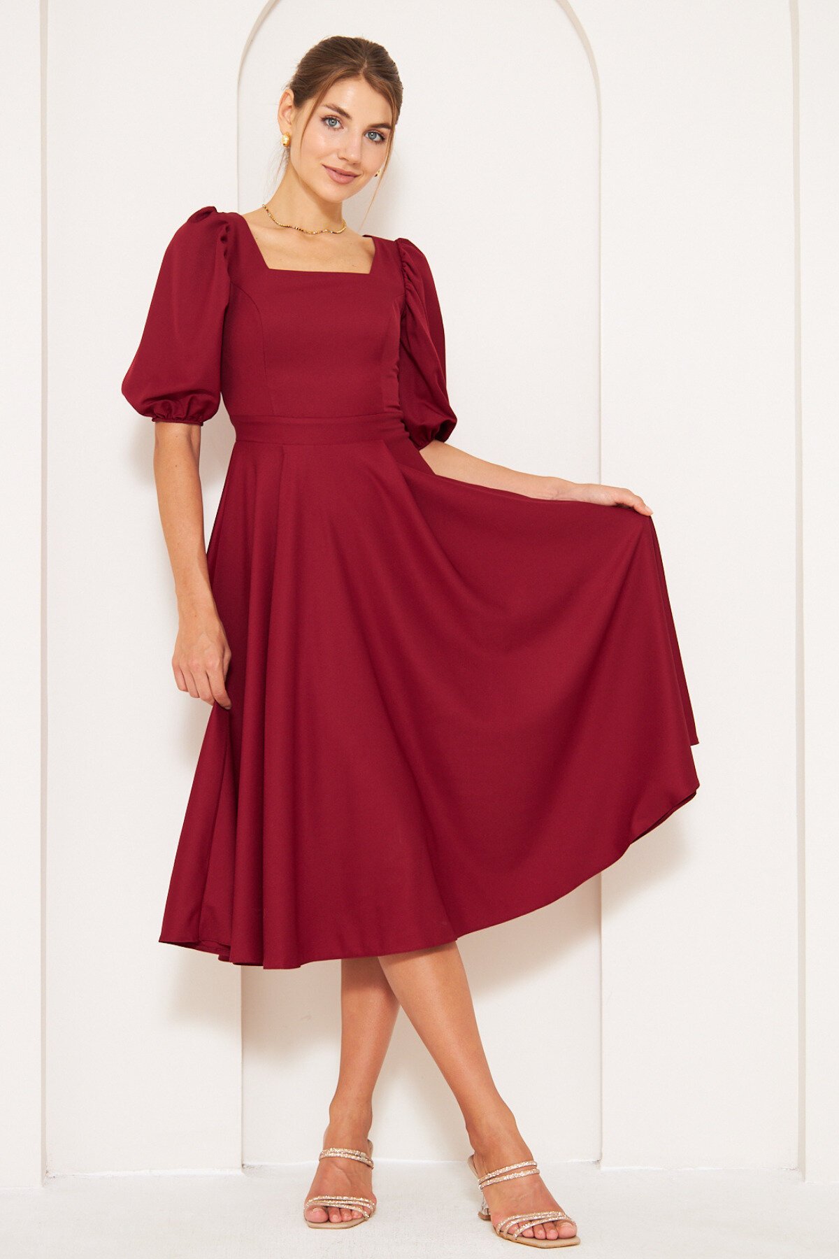 Midi Short Balloon Sleeve Square Neck Dress - Burgundy - Bidoluelbise