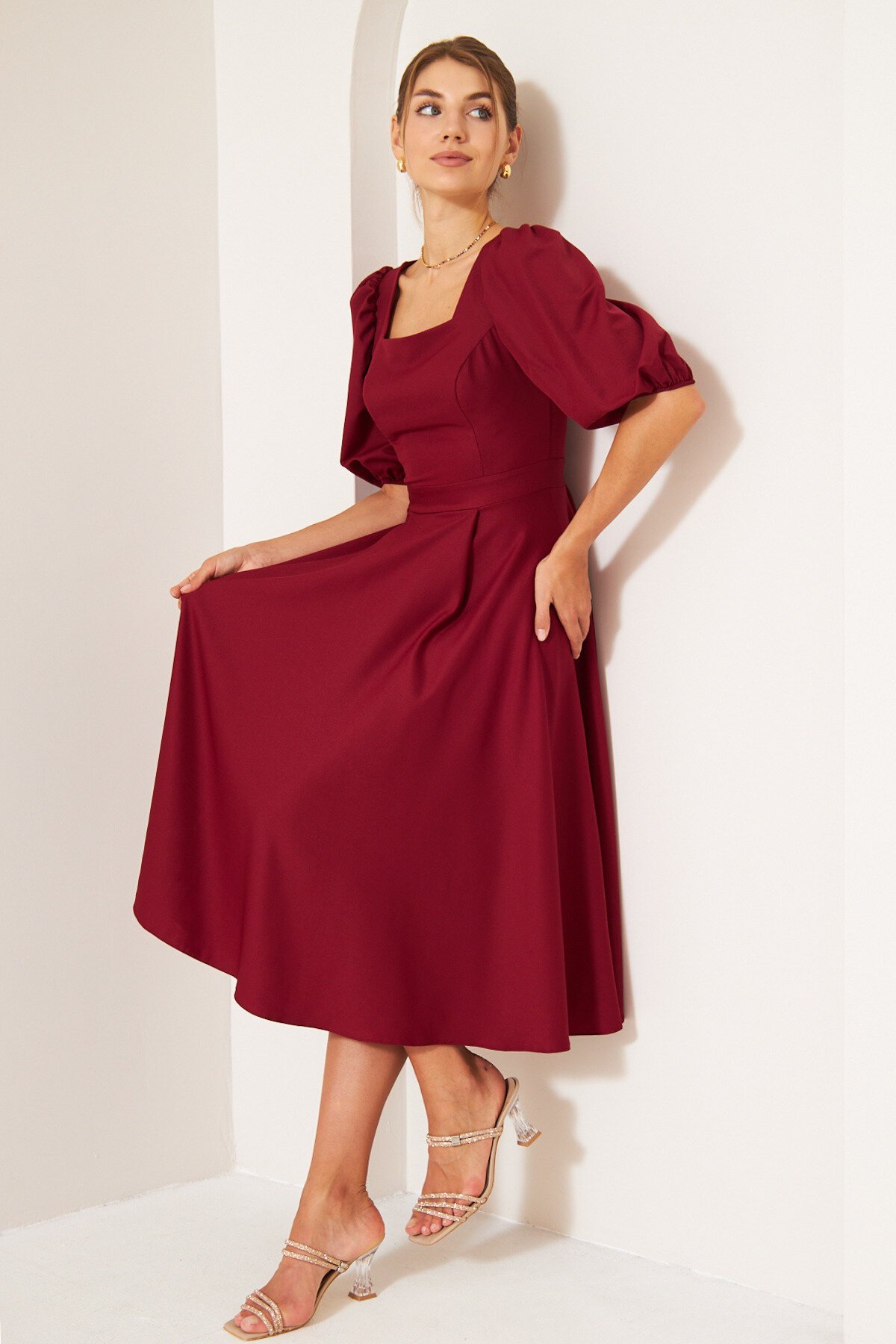 Midi Short Balloon Sleeve Square Neck Dress - Burgundy - Bidoluelbise
