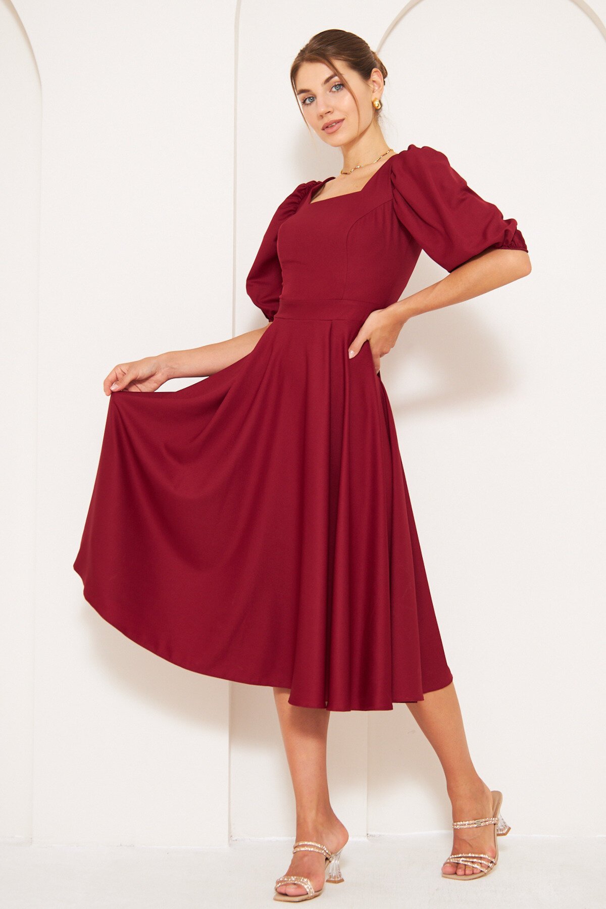 Midi Short Balloon Sleeve Square Neck Dress - Burgundy - Bidoluelbise