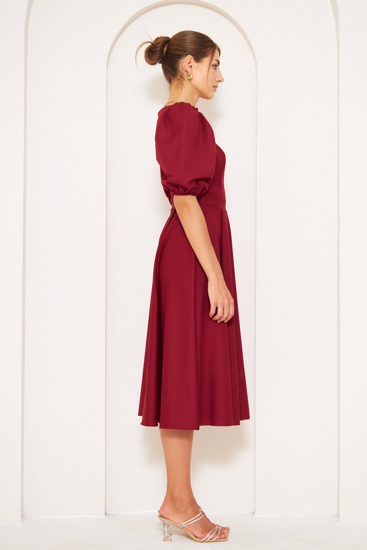 Midi Short Balloon Sleeve Square Neck Dress - Burgundy - Bidoluelbise