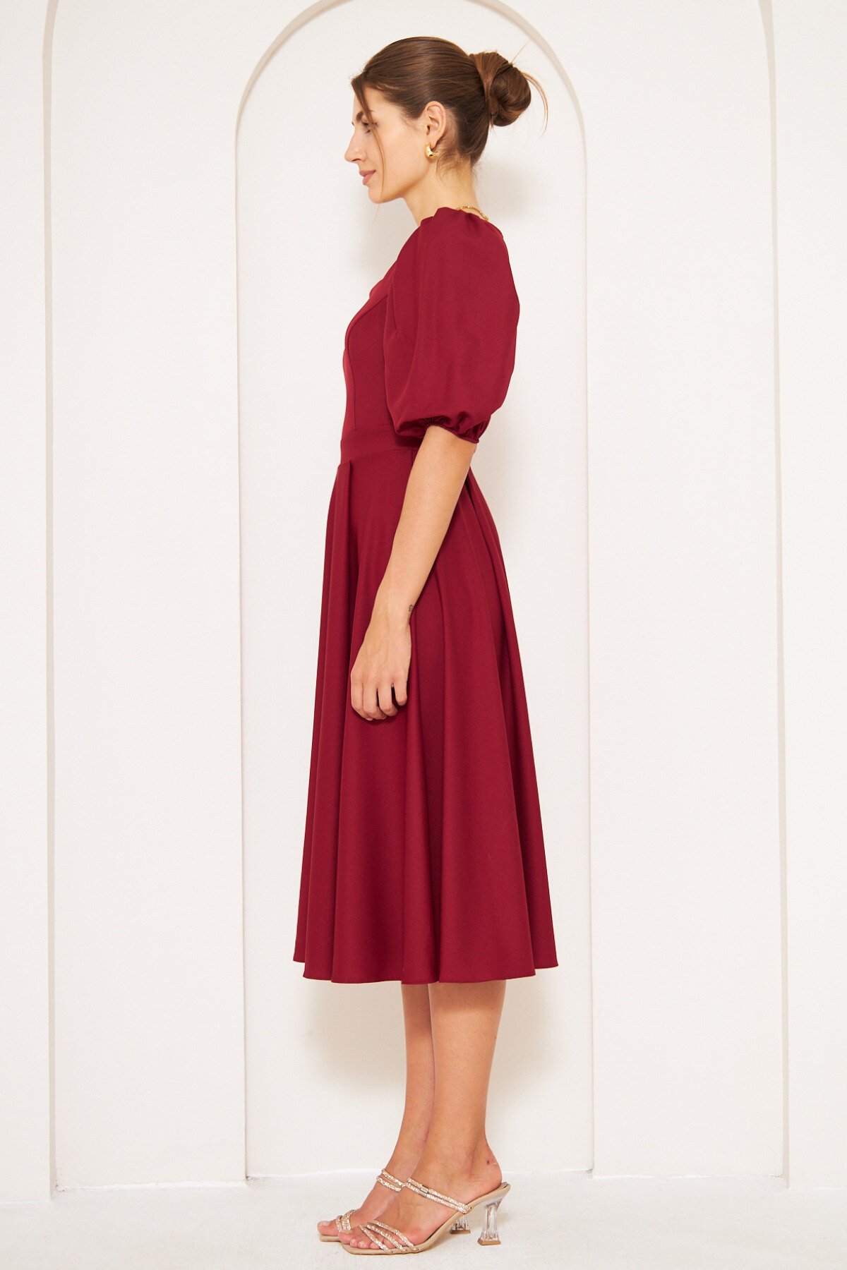 Midi Short Balloon Sleeve Square Neck Dress - Burgundy - Bidoluelbise