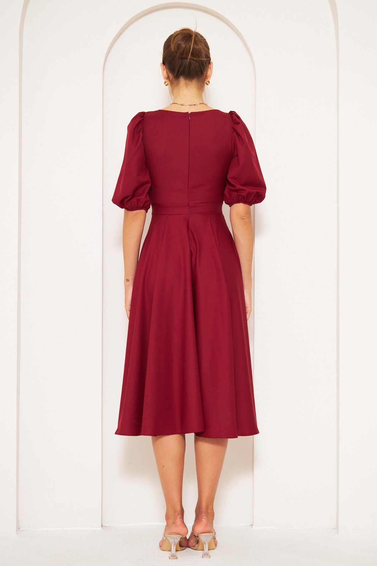 Midi Short Balloon Sleeve Square Neck Dress - Burgundy - Bidoluelbise